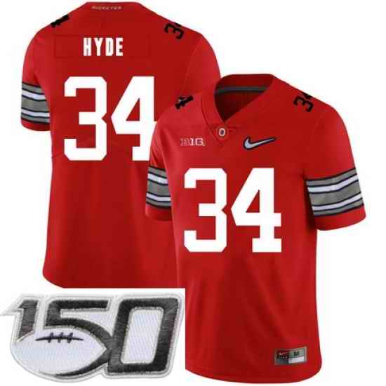 Ohio State Buckeyes 34 Carlos Hyde Red Diamond Nike Logo College Football Stitched 150th Anniversary Patch Jersey